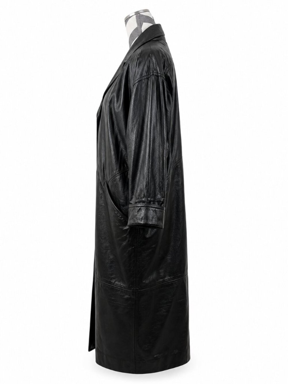 Vintage 90s Black Leather Trench Coat Oversized Minimalist Long Coat - Size M - Picture 6 of 11